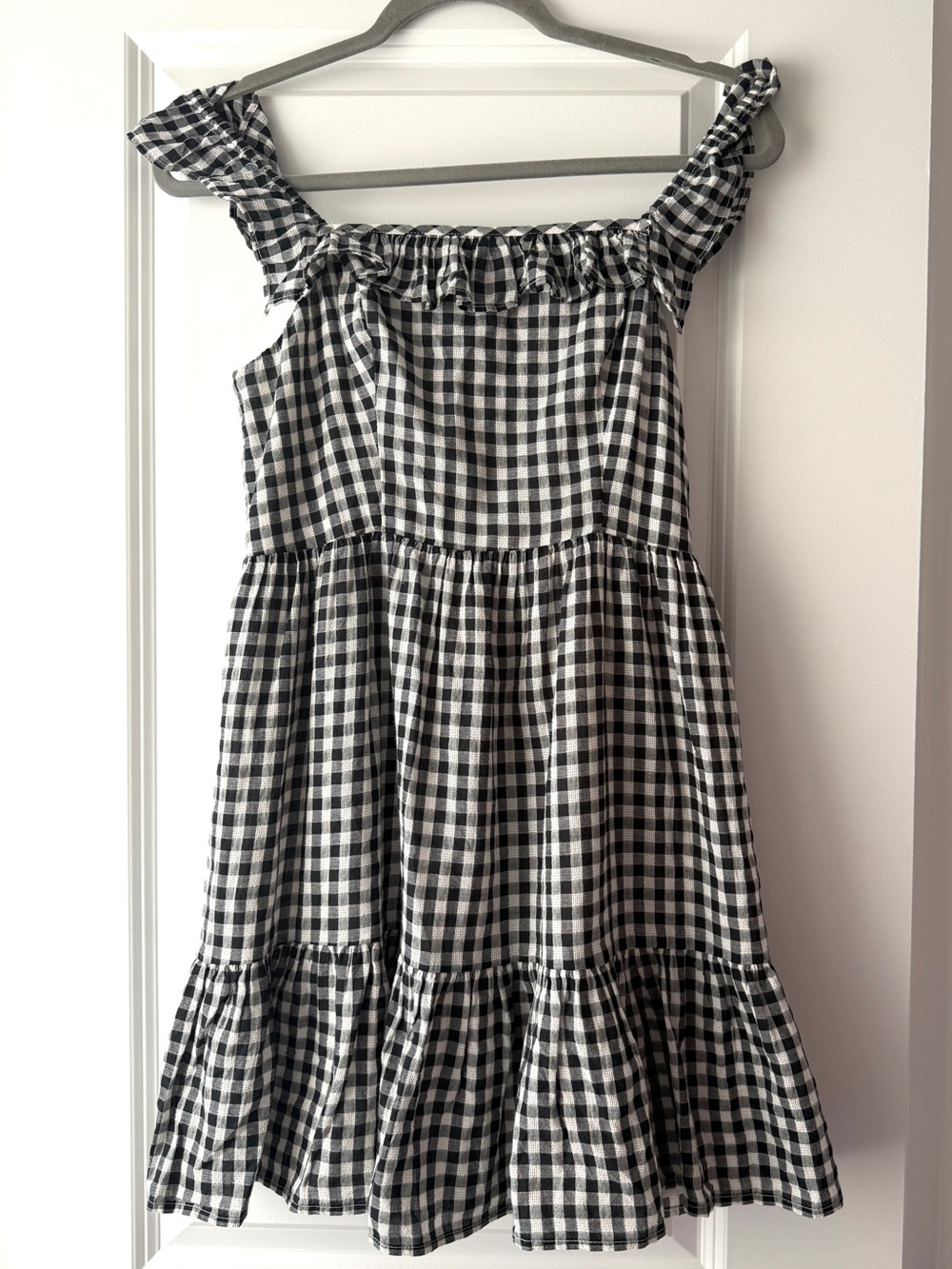 Black & Cream Gingham Ruffle Strap Dress